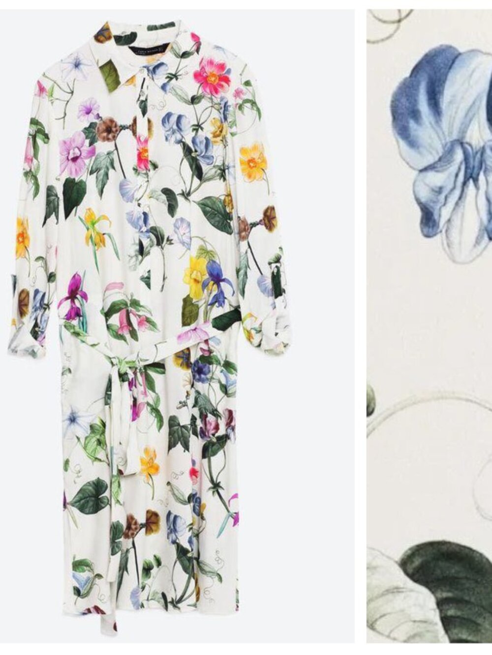 Zara White Floral Collared Button-Front Tie-Waist Shirt Dress Tunic